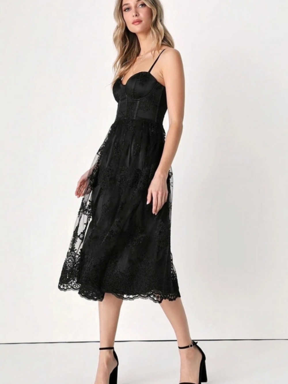 Lulus My Darling Daydreamer Black Lace Bustier Midi Dress